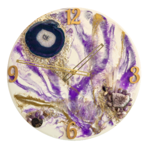 lila-arany-ásványos-resin-falióra